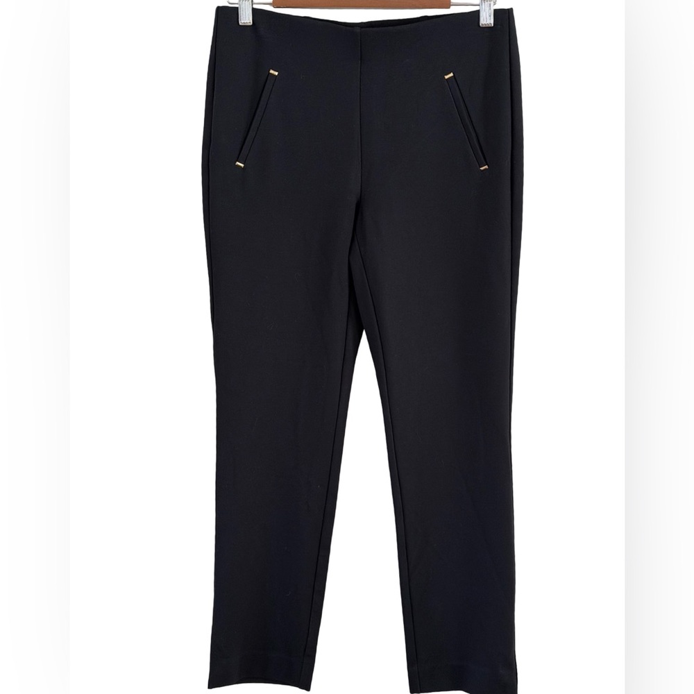 Chico's Black Minimalist Knit Trousers With Stylish Pockets Trimmed In Gold Sz 4